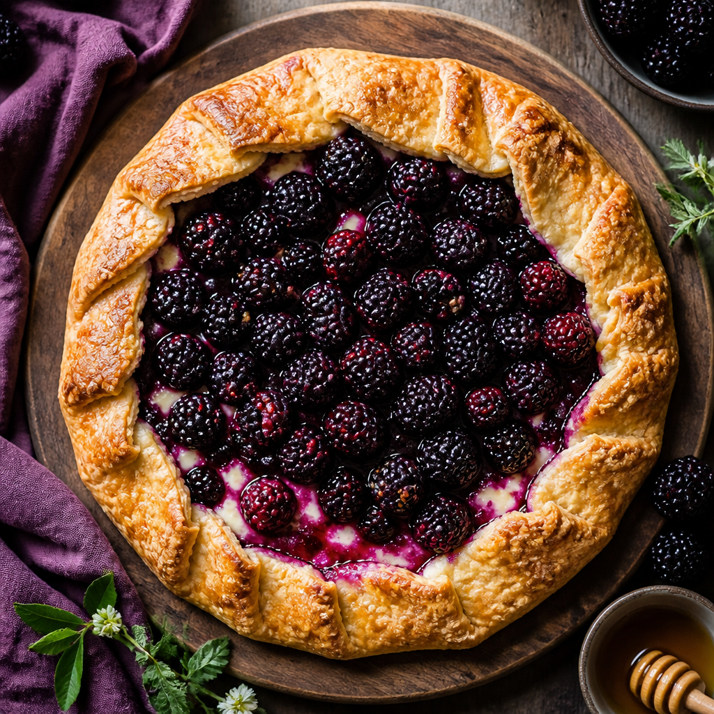 Blackberry Galette With Honey Mascarpone Filling — French Dessert served and photographed from above