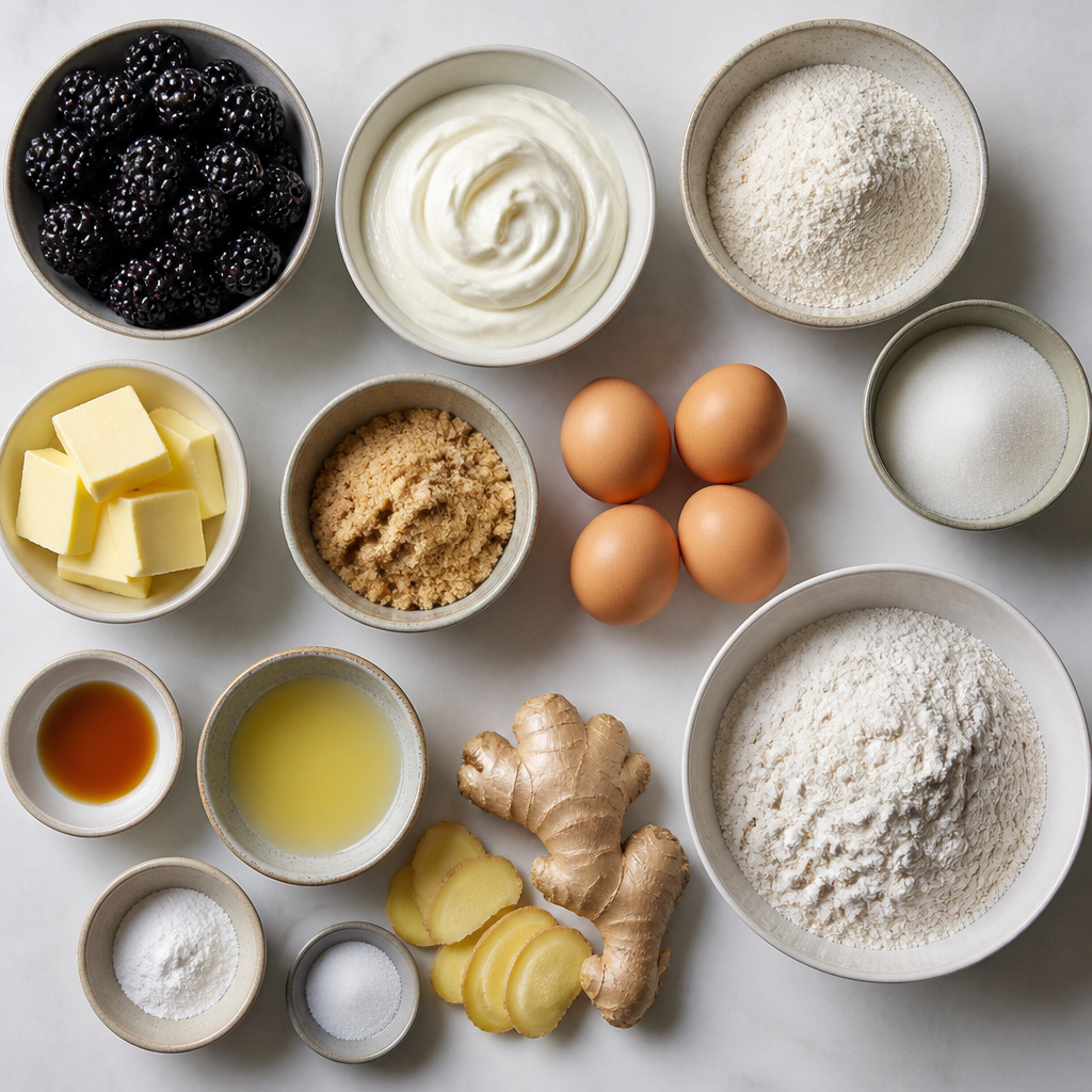 Overhead flat-lay of all ingredients for Blackberry Ginger Sour Cream Cake laid out on a kitchen surface.