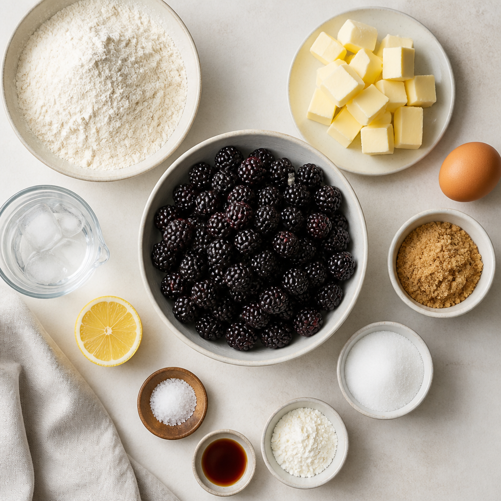 Overhead flat-lay of all ingredients for Blackberry Pie With Flaky All Butter Crust laid out on a kitchen surface.