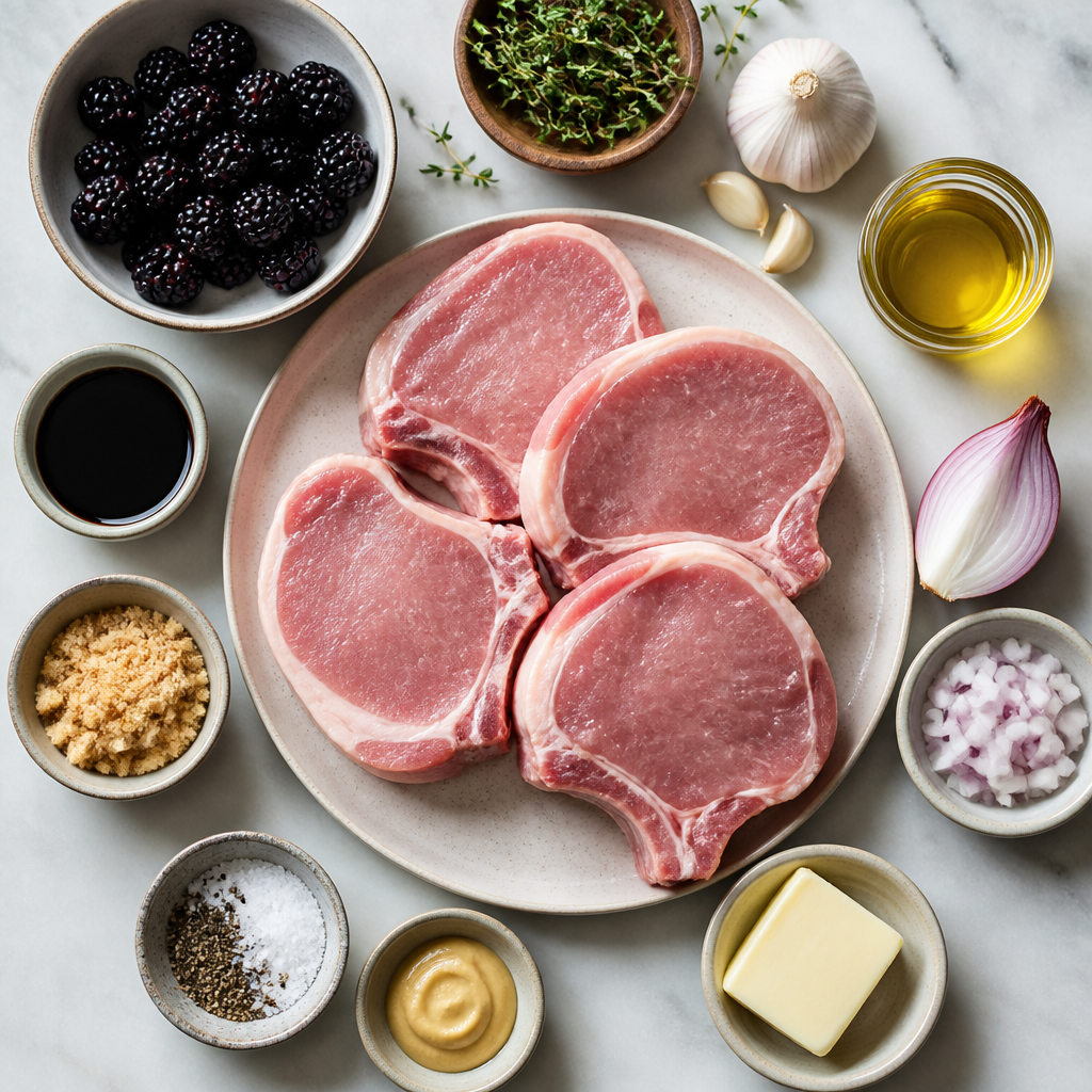 Overhead flat-lay of all ingredients for Blackberry Thyme Glazed Pork Chops laid out on a kitchen surface.