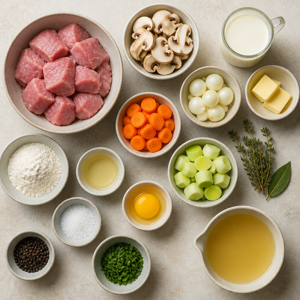 Overhead flat-lay of all ingredients for Blanquette de Veau Recipe with Tender Mushrooms and Cream laid out on a kitchen surface.