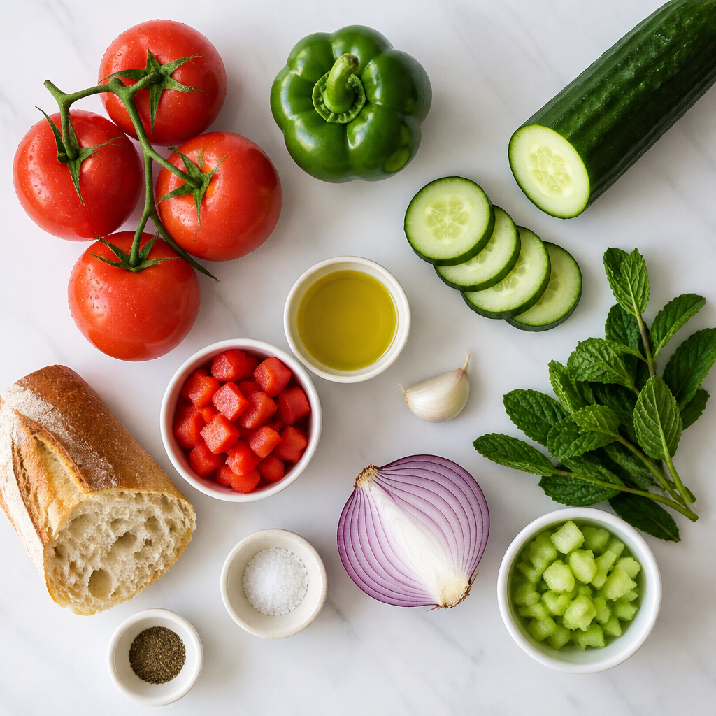 Overhead flat-lay of all ingredients for Blender Gazpacho With Cucumber And Mint laid out on a kitchen surface.