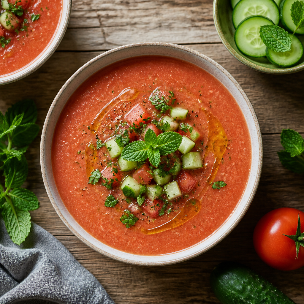 Blender Gazpacho With Cucumber And Mint — Spanish Dinner served and photographed from above
