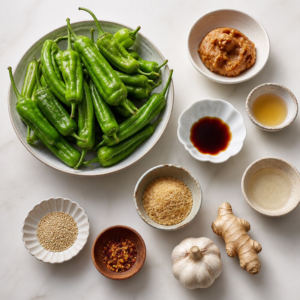 Overhead flat-lay of all ingredients for Blistered Shishito Peppers With Miso Glaze laid out on a kitchen surface.