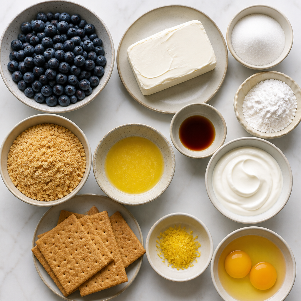 Overhead flat-lay of all ingredients for Blueberry Cheesecake Bars With Graham Cracker Crust laid out on a kitchen surface.