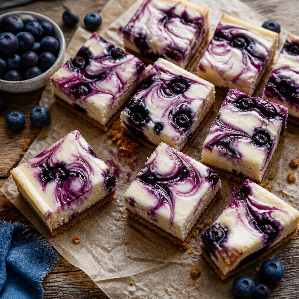 Blueberry Cheesecake Bars With Graham Cracker Crust — American Dessert served and photographed from above