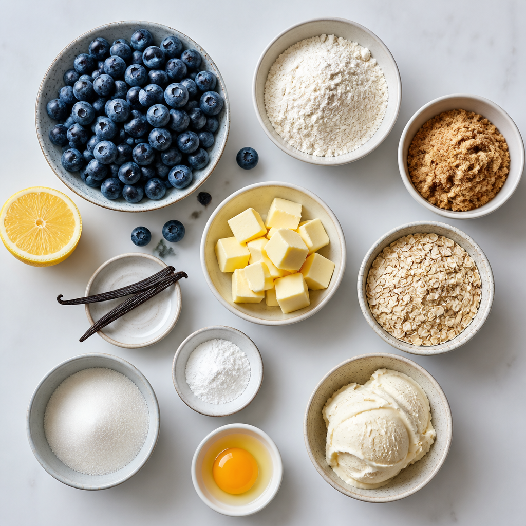 Overhead flat-lay of all ingredients for Blueberry Crumble With Vanilla Bean Ice Cream laid out on a kitchen surface.