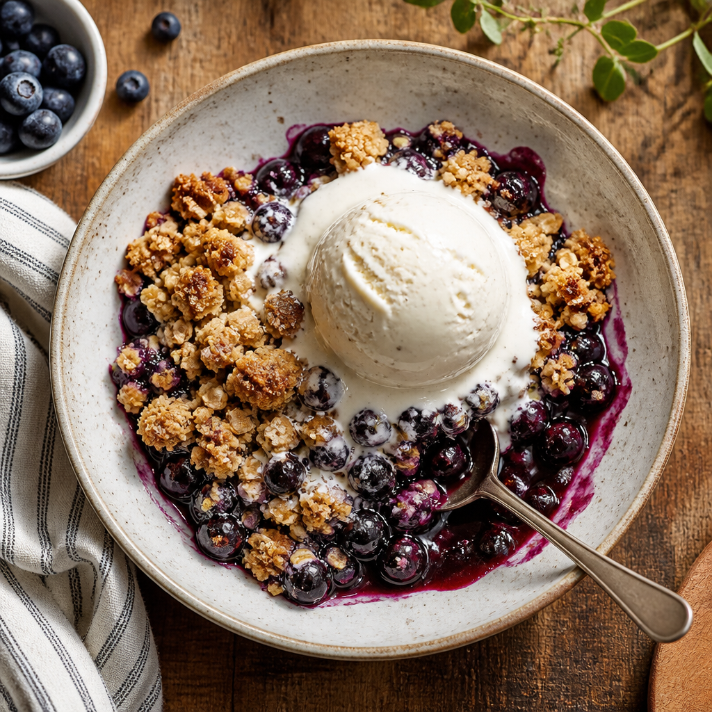 Blueberry Crumble With Vanilla Bean Ice Cream — American Dessert served and photographed from above