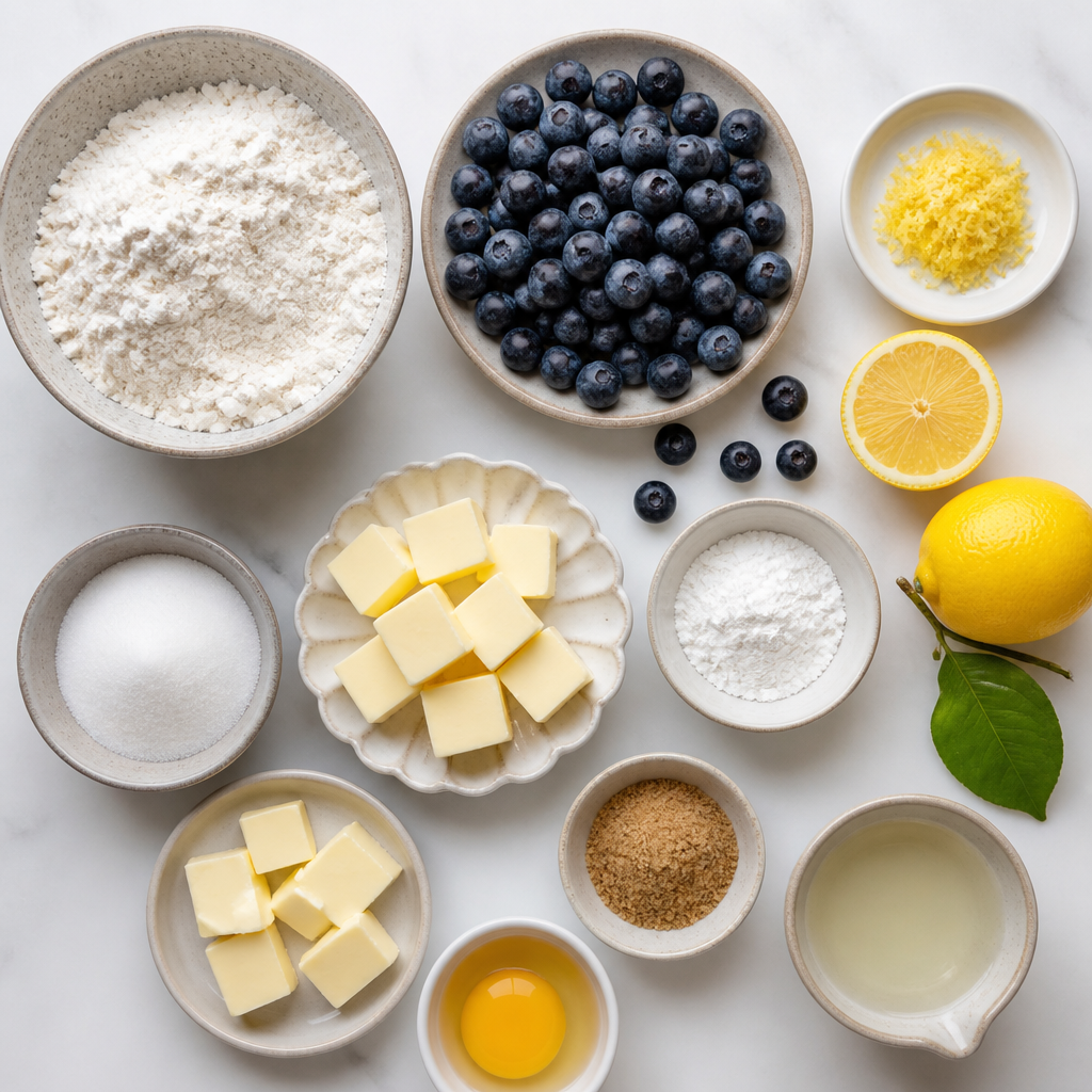 Overhead flat-lay of all ingredients for Blueberry Galette With Flaky Lemon Crust laid out on a kitchen surface.