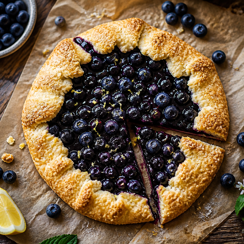 Blueberry Galette With Flaky Lemon Crust — French-American Dessert served and photographed from above