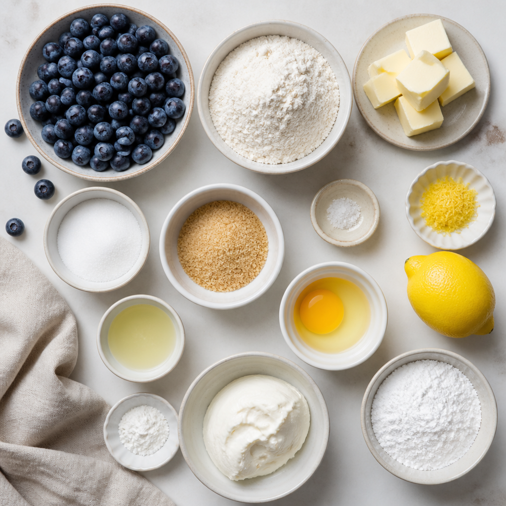 Overhead flat-lay of all ingredients for Blueberry Hand Pies With Lemon Glaze laid out on a kitchen surface.