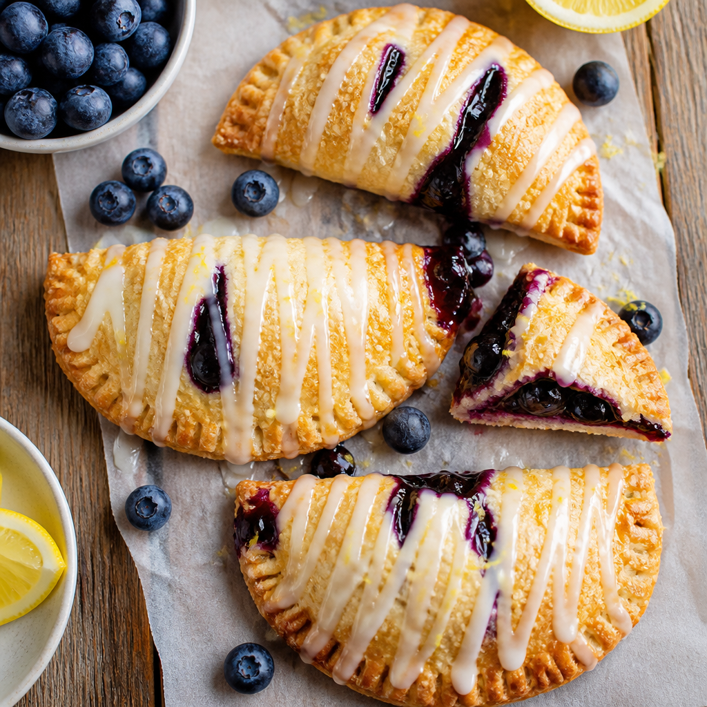 Blueberry Hand Pies With Lemon Glaze — American Dessert served and photographed from above