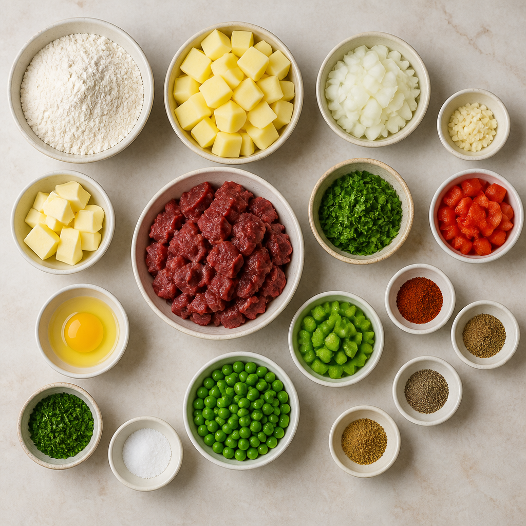 Overhead flat-lay of all ingredients for Bolivian Salteñas Recipe: Savory Beef and Potato Empanadas laid out on a kitchen surface.
