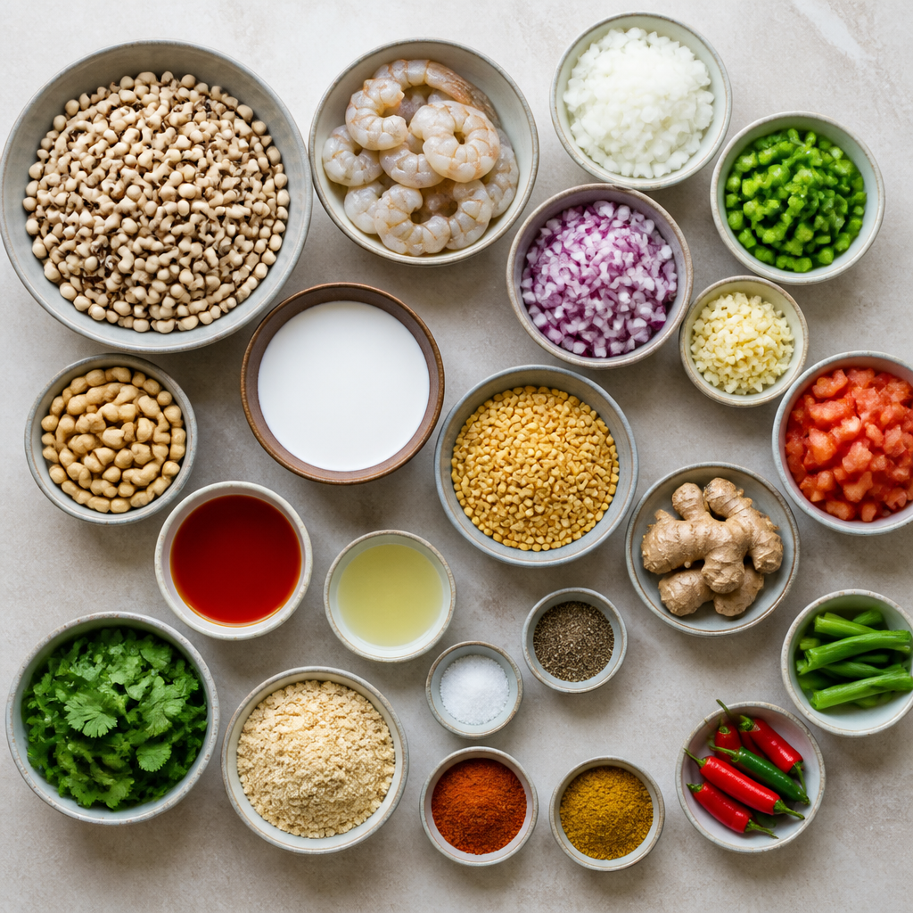 Overhead flat-lay of all ingredients for Brazilian Acarajé Recipe with Vatapá and Shrimp laid out on a kitchen surface.