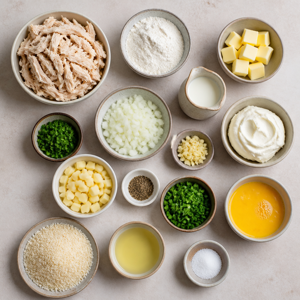 Overhead flat-lay of all ingredients for Brazilian Chicken Croquettes (Coxinha) with Creamy Filling laid out on a kitchen surface.