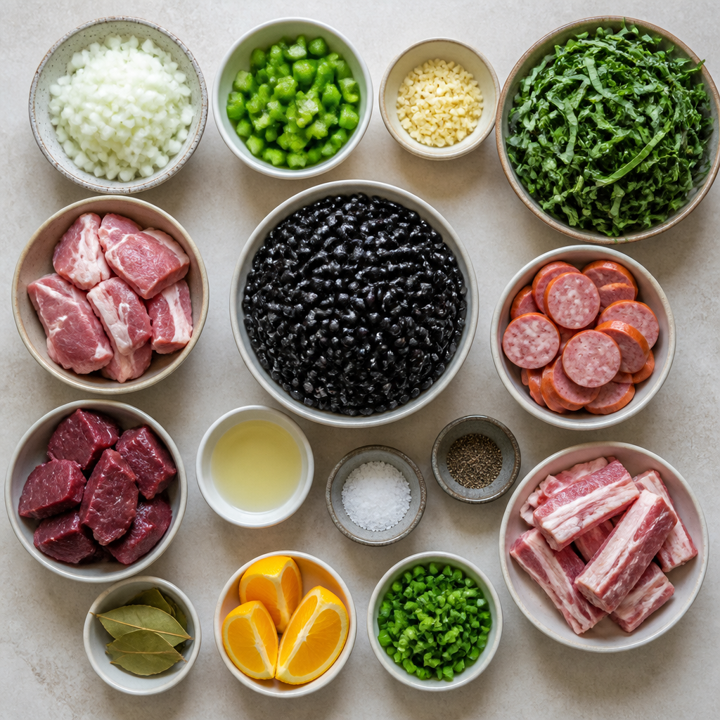 Overhead flat-lay of all ingredients for Brazilian Feijoada Recipe with Black Beans and Collard Greens laid out on a kitchen surface.