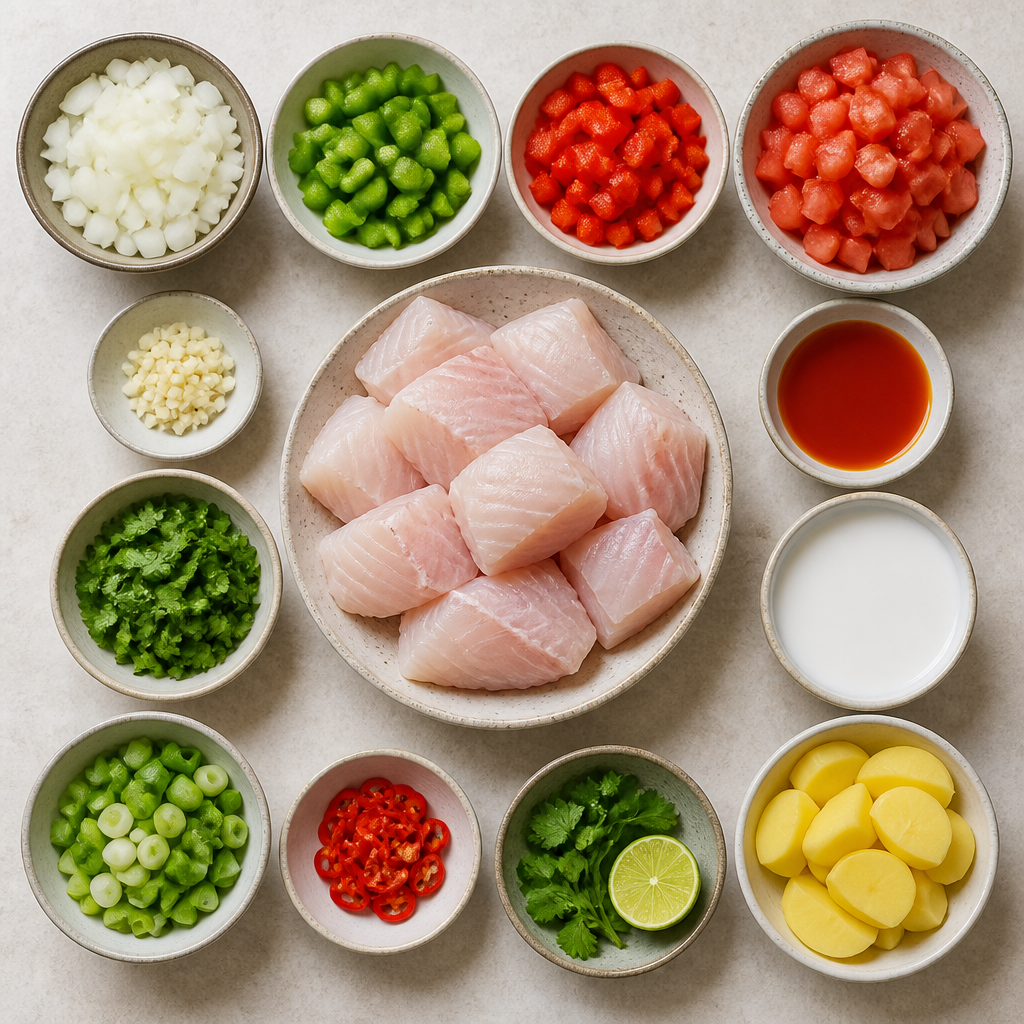 Overhead flat-lay of all ingredients for Brazilian Fish Stew With Coconut Milk and Dendê Oil laid out on a kitchen surface.