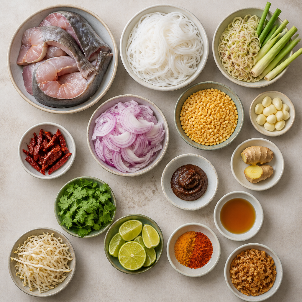 Overhead flat-lay of all ingredients for Burmese Mohinga Recipe with Lemongrass and Catfish laid out on a kitchen surface.