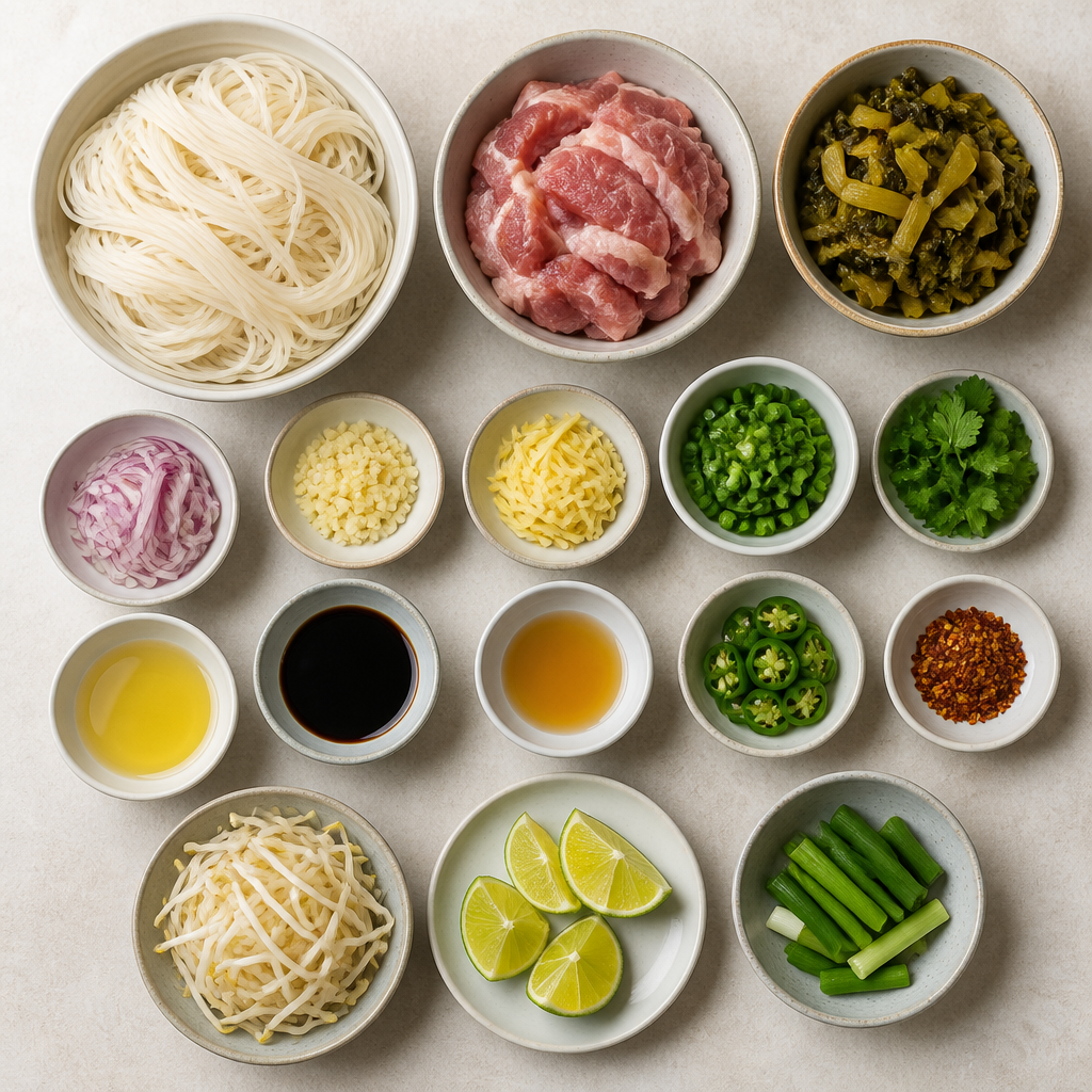 Overhead flat-lay of all ingredients for Burmese Shan Noodles with Pork and Pickled Mustard Greens laid out on a kitchen surface.