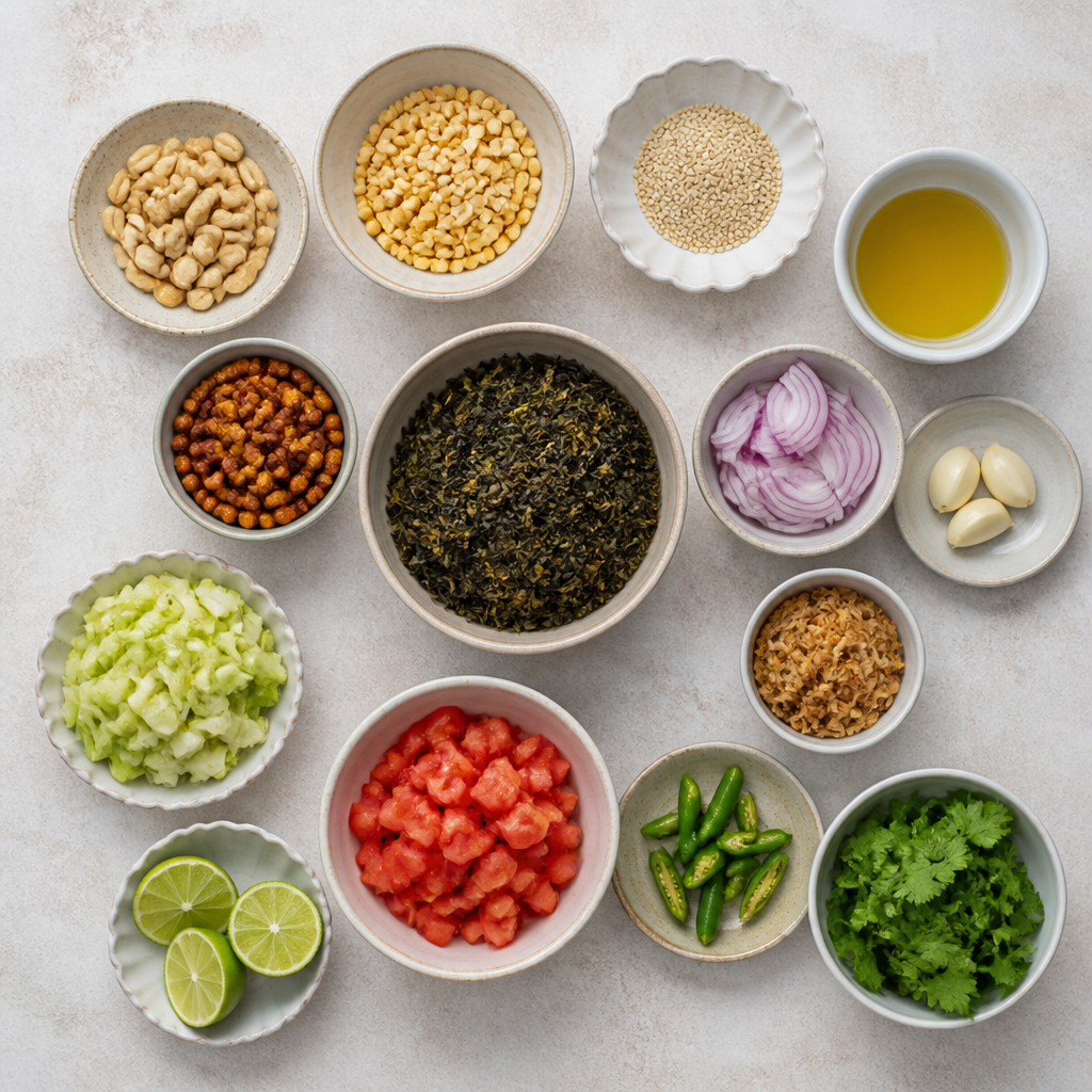 Overhead flat-lay of all ingredients for Burmese Tea Leaf Salad (Laphet Thoke) with Crunchy Beans laid out on a kitchen surface.