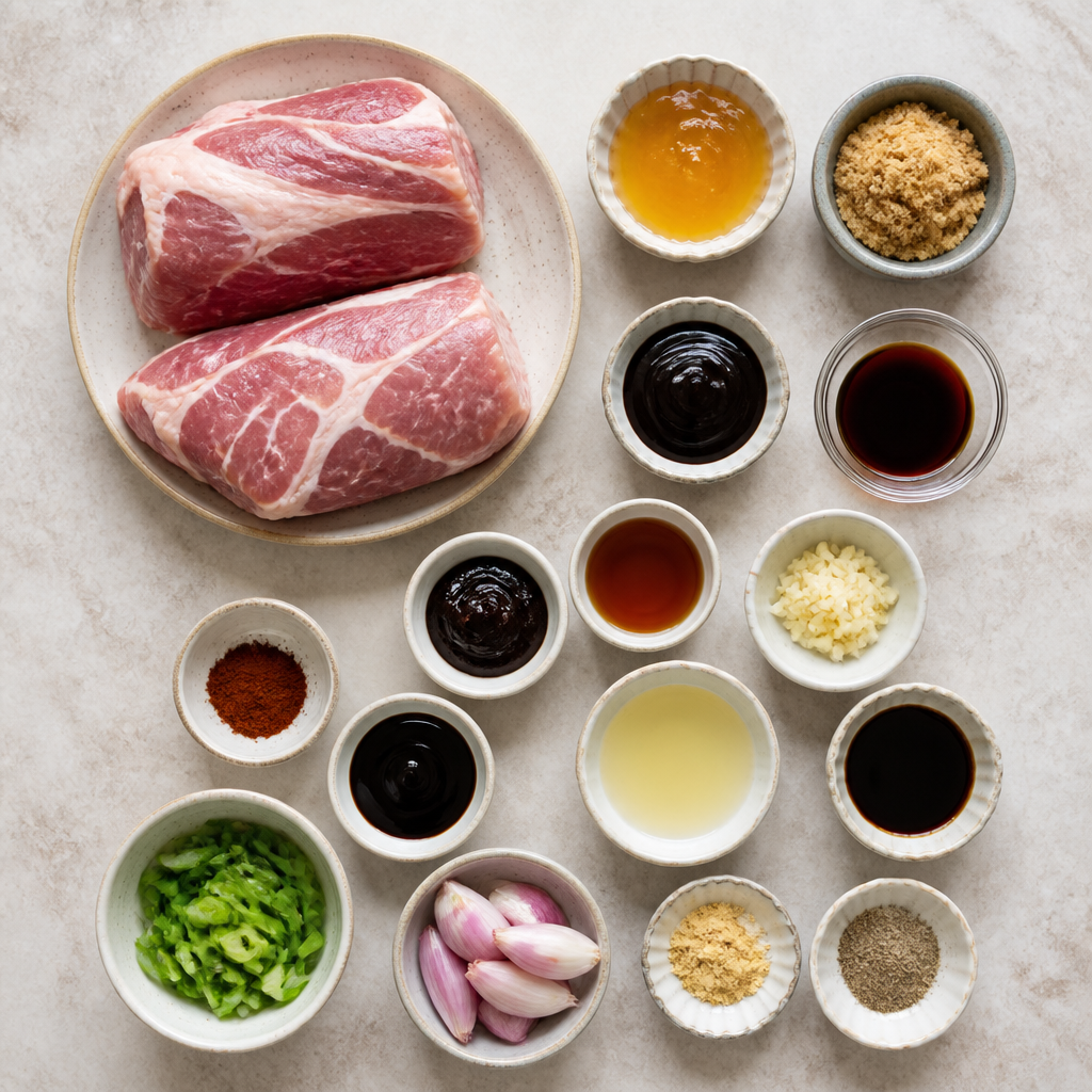 Overhead flat-lay of all ingredients for Cantonese Char Siu Pork with a Sticky Honey Glaze laid out on a kitchen surface.