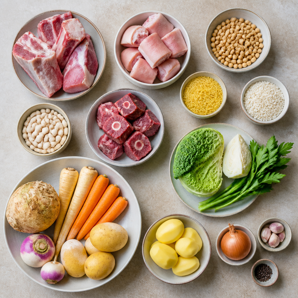 Overhead flat-lay of all ingredients for Catalan Escudella Recipe with Pork and Root Vegetables laid out on a kitchen surface.