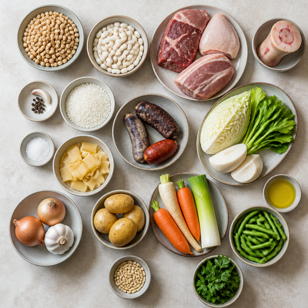 Overhead flat-lay of all ingredients for Catalan Stew Escudella i Carn d'Olla with Winter Vegetables laid out on a kitchen surface.