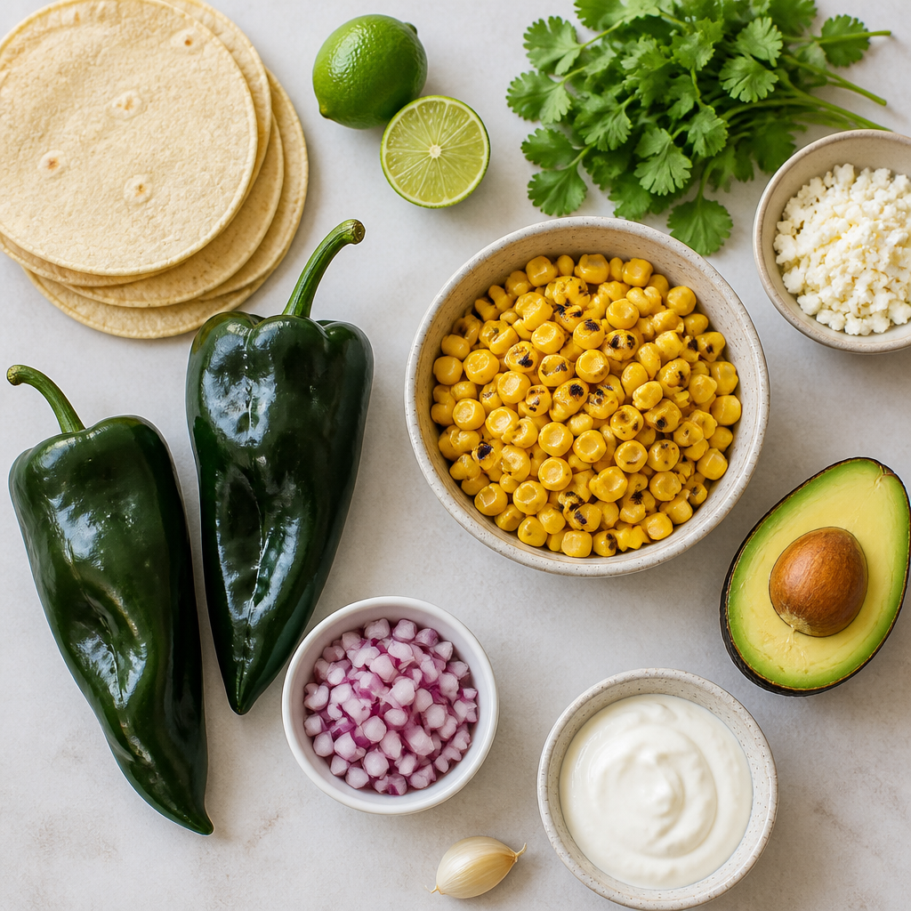 Overhead flat-lay of all ingredients for Charred Corn and Poblano Street Tacos laid out on a kitchen surface.