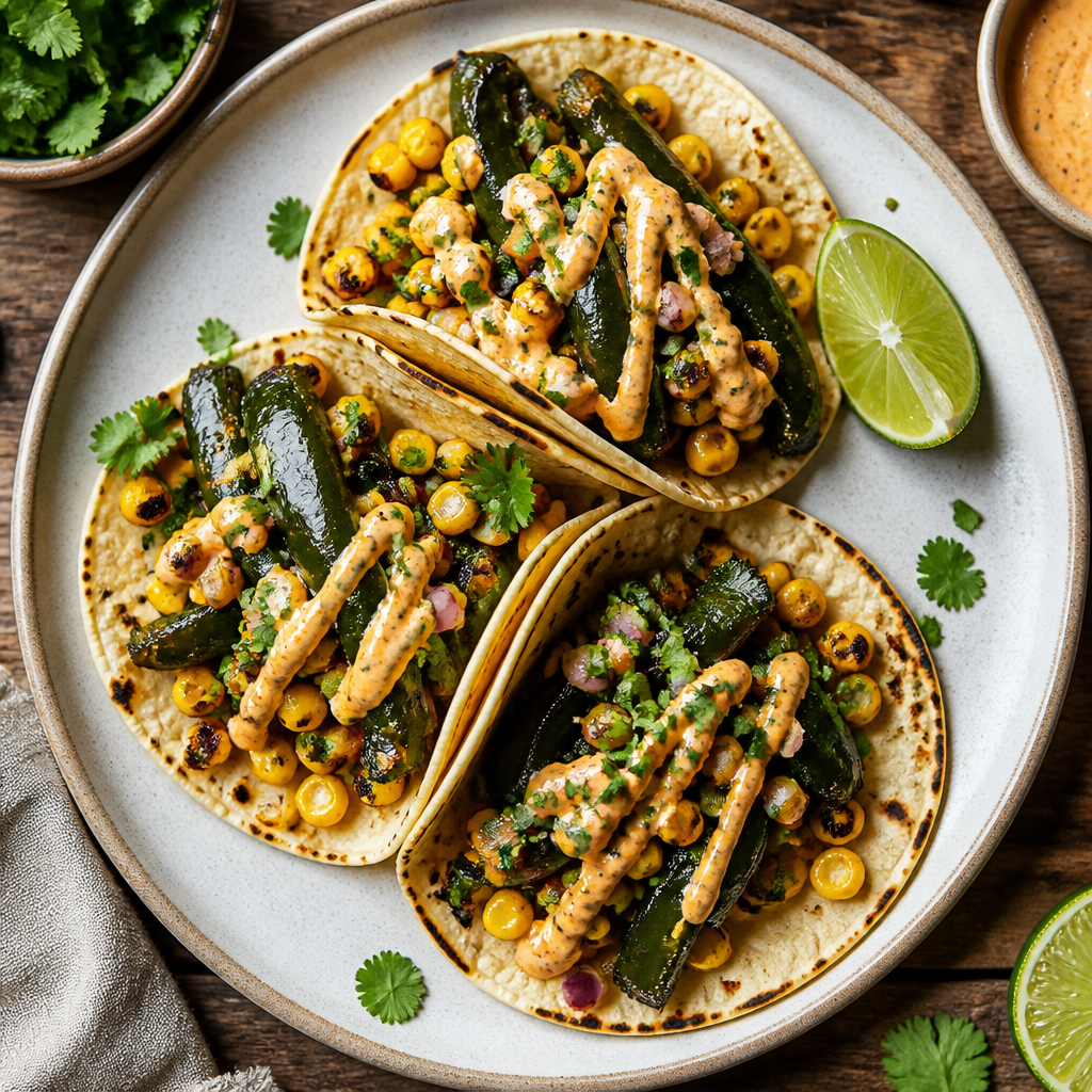 Charred Corn and Poblano Street Tacos — Mexican-inspired Dinner served and photographed from above