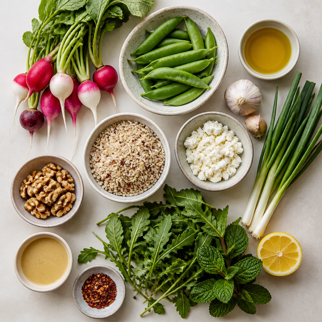 Overhead flat-lay of all ingredients for Charred Snap Pea and Radish Harvest Bowl laid out on a kitchen surface.