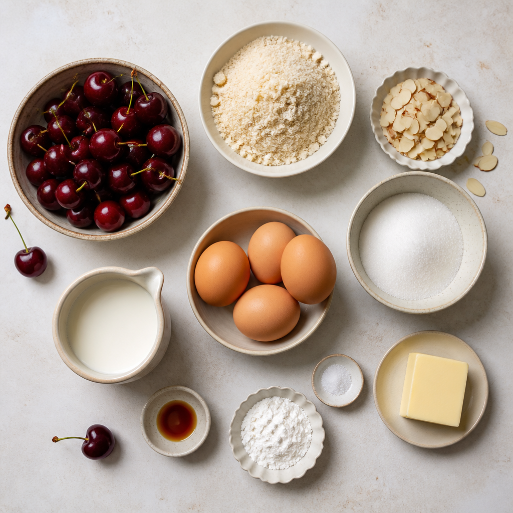 Overhead flat-lay of all ingredients for Cherry Clafoutis With Toasted Almond Flour laid out on a kitchen surface.