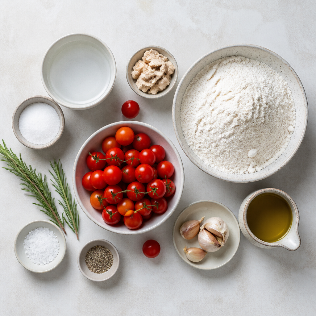 Overhead flat-lay of all ingredients for Cherry Tomato Focaccia With Flaky Sea Salt laid out on a kitchen surface.
