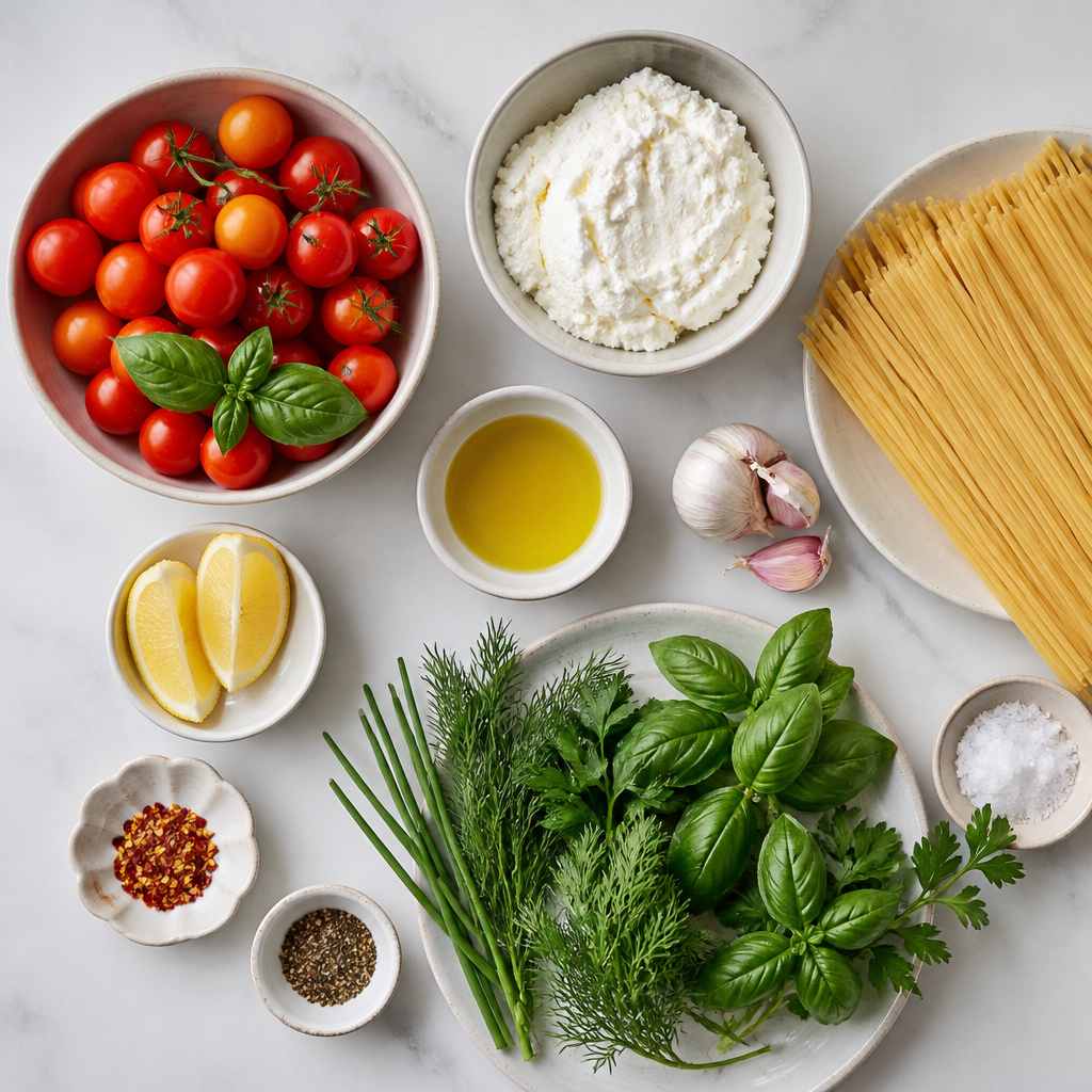 Overhead flat-lay of all ingredients for Cherry Tomato Pasta With Whipped Herb Ricotta laid out on a kitchen surface.