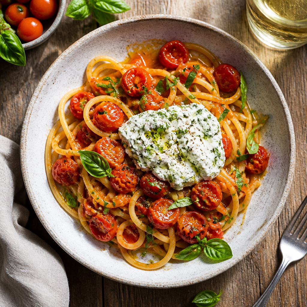 Cherry Tomato Pasta With Whipped Herb Ricotta