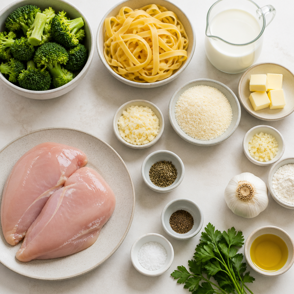 Overhead flat-lay of all ingredients for Chicken Alfredo With Roasted Broccoli laid out on a kitchen surface.