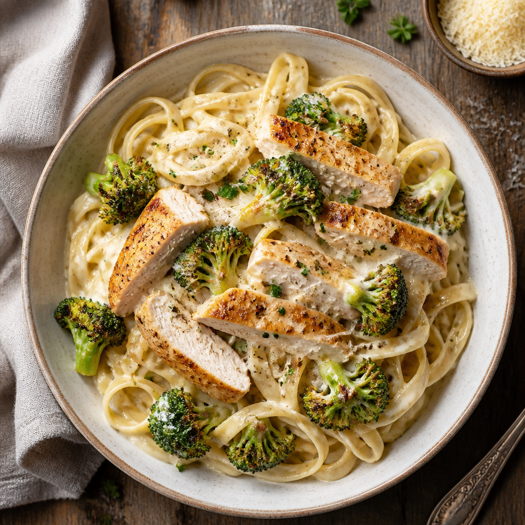 Chicken Alfredo With Roasted Broccoli — Italian-American Dinner served and photographed from above