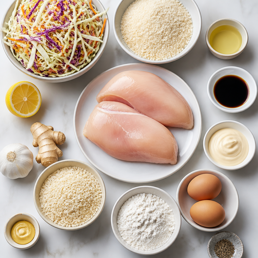 Overhead flat-lay of all ingredients for Chicken Katsu With Tangy Cabbage Slaw laid out on a kitchen surface.