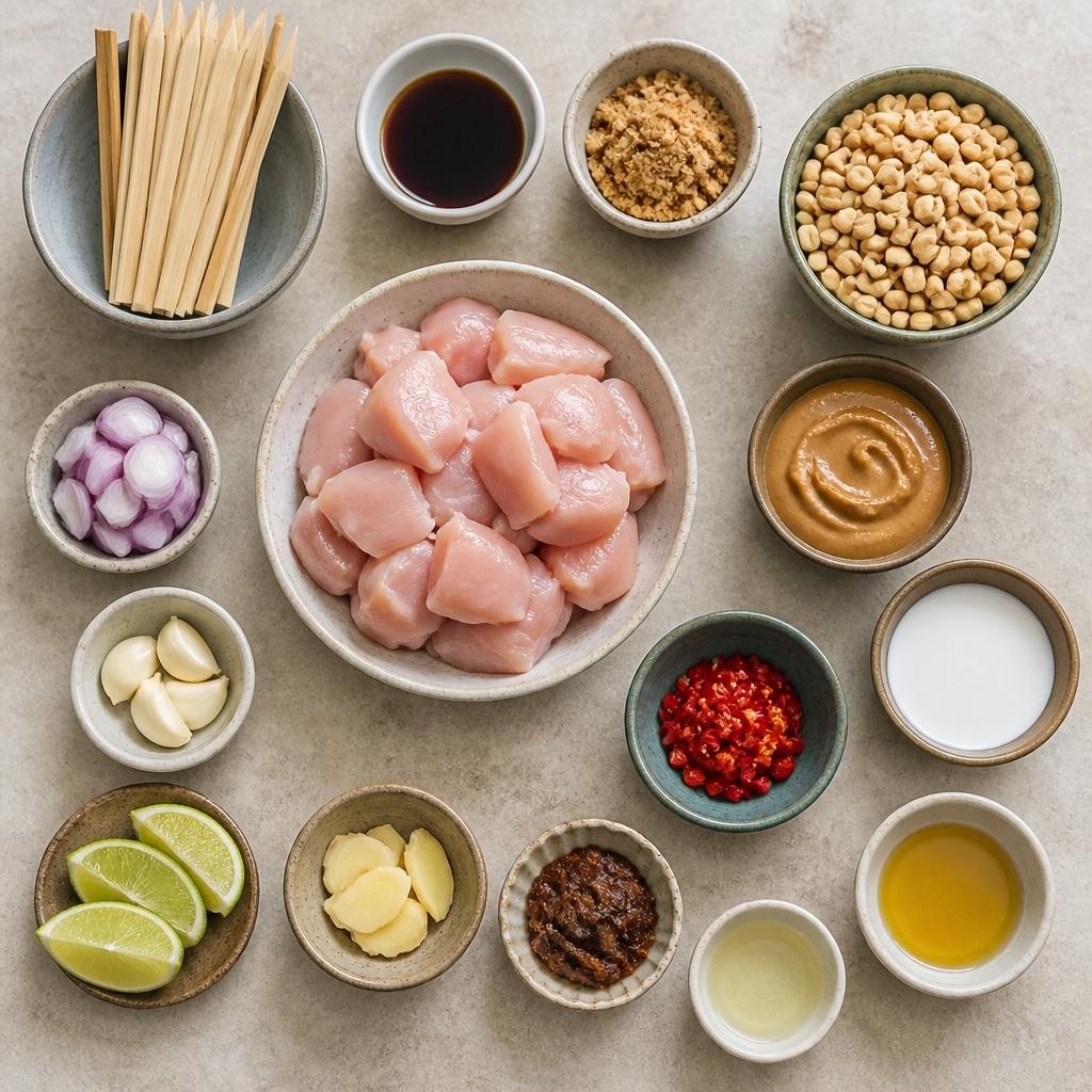 Overhead flat-lay of all ingredients for Chicken Satay with Peanut Sauce: Authentic Indonesian Satay Ayam laid out on a kitchen surface.