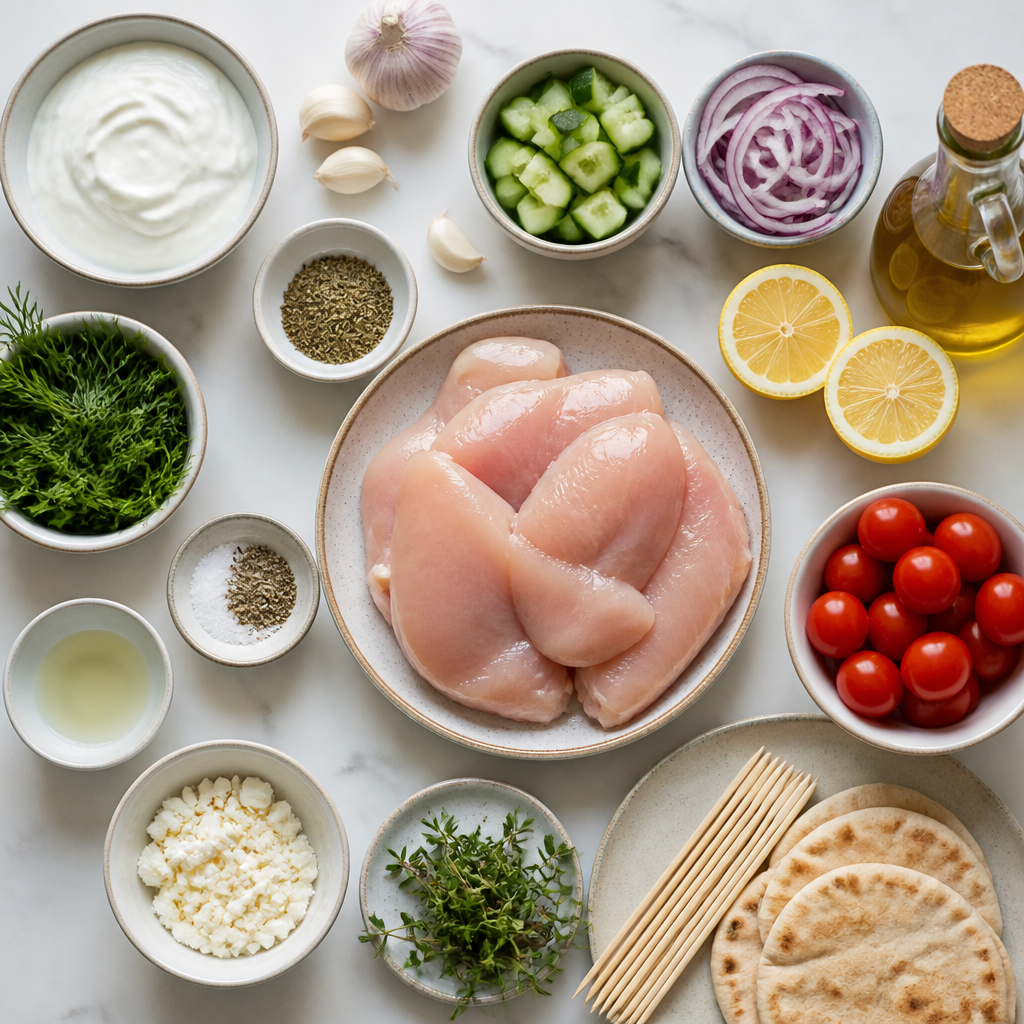 Overhead flat-lay of all ingredients for Chicken Souvlaki With Herbed Garlic Yogurt laid out on a kitchen surface.