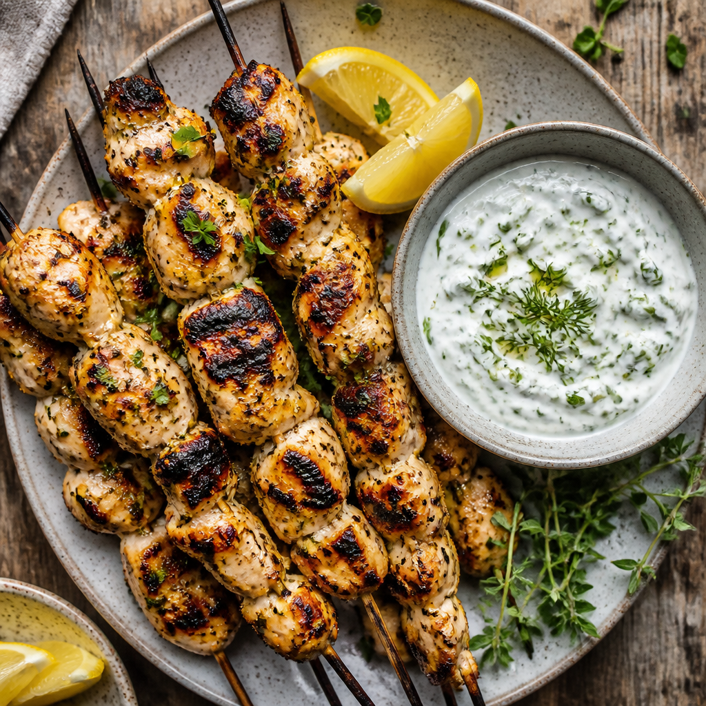 Chicken Souvlaki With Herbed Garlic Yogurt — Greek Dinner served and photographed from above