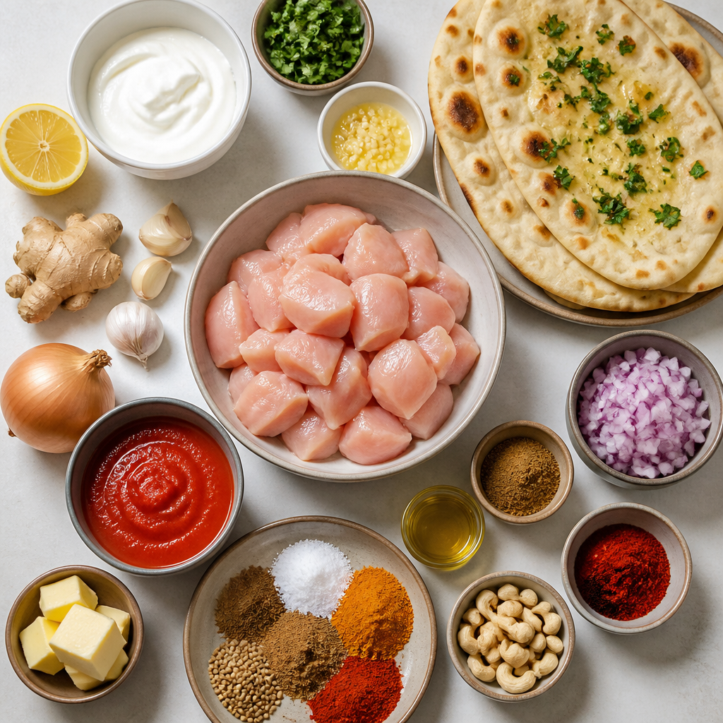 Overhead flat-lay of all ingredients for Chicken Tikka Masala With Garlic Butter Naan laid out on a kitchen surface.