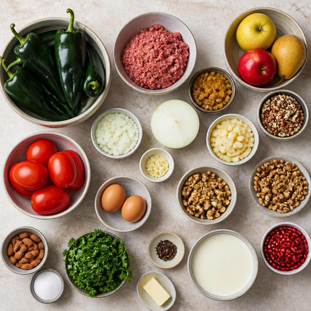 Overhead flat-lay of all ingredients for Chiles en Nogada Recipe with Authentic Walnut Sauce laid out on a kitchen surface.