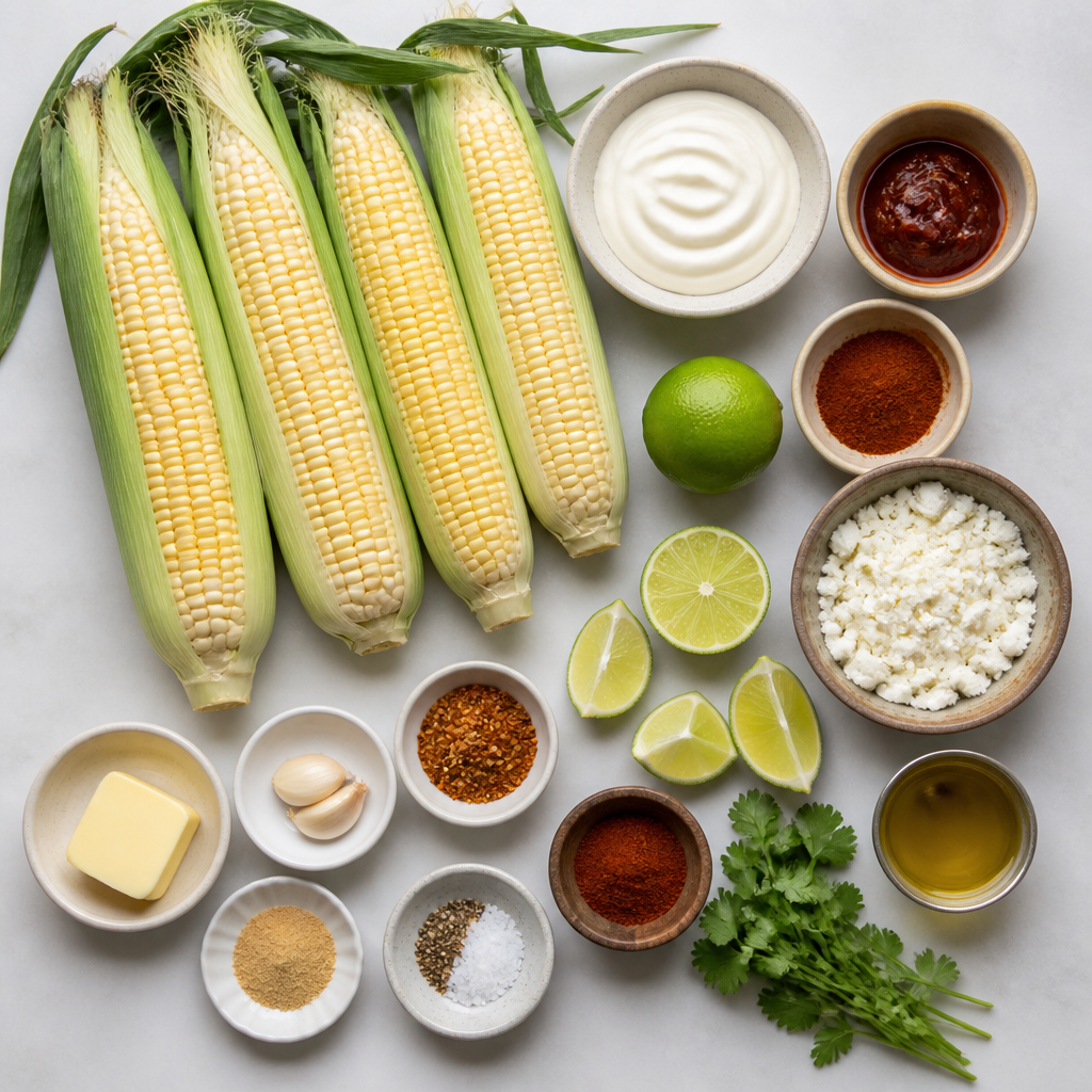 Overhead flat-lay of all ingredients for Chili Lime Corn Ribs with Chipotle Crema laid out on a kitchen surface.