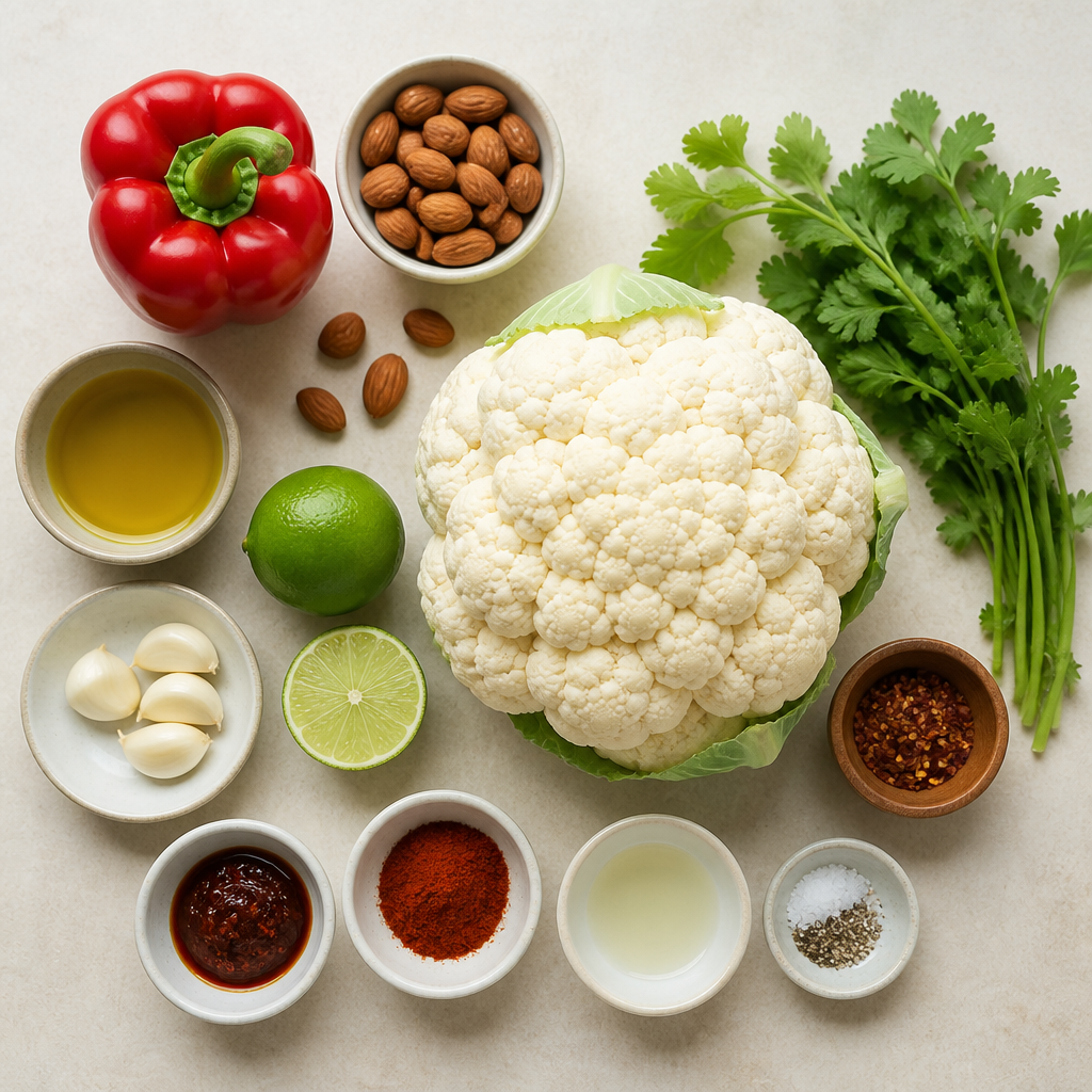 Overhead flat-lay of all ingredients for Chili Lime Grilled Romesco Cauliflower laid out on a kitchen surface.