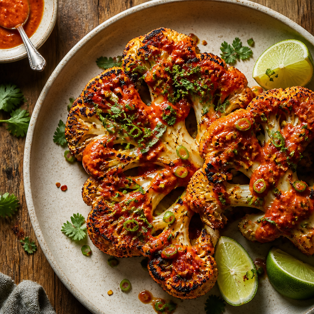 Chili Lime Grilled Romesco Cauliflower — Mediterranean Fusion Dinner served and photographed from above