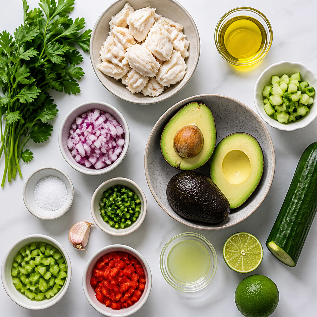 Overhead flat-lay of all ingredients for Chilled Avocado Gazpacho with Lump Crab laid out on a kitchen surface.