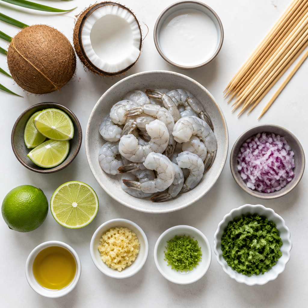 Overhead flat-lay of all ingredients for Chilled Coconut Lime Shrimp Skewers laid out on a kitchen surface.