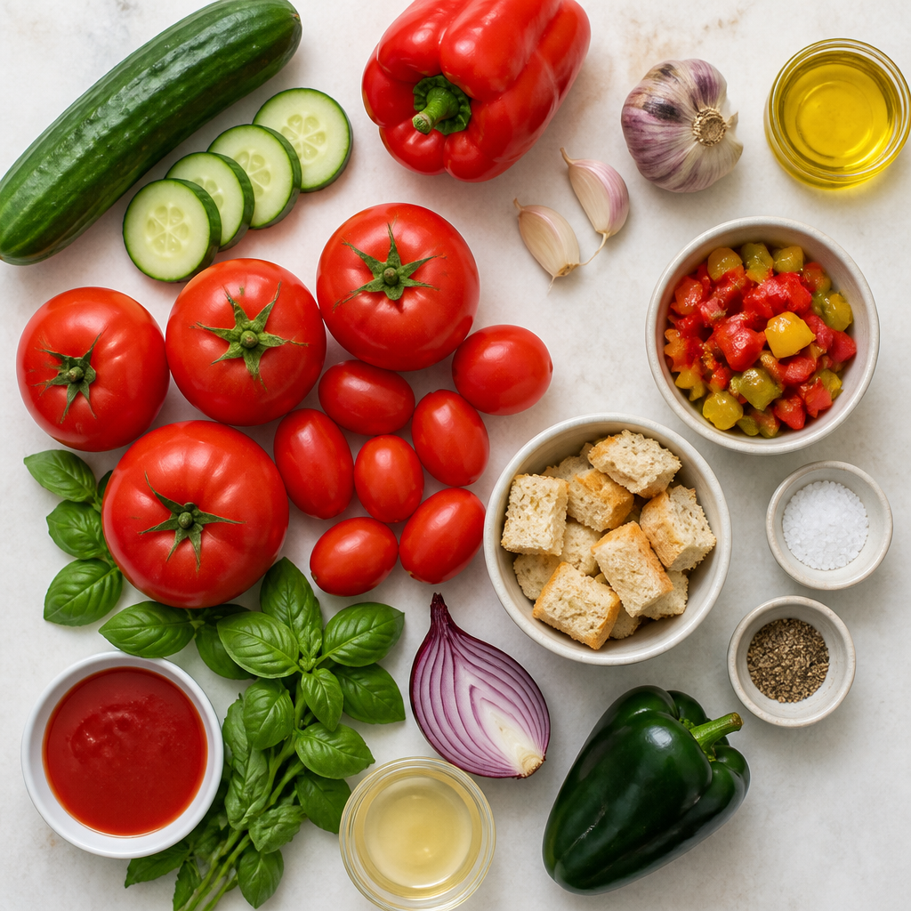 Overhead flat-lay of all ingredients for Chilled Gazpacho With Pickled Pepper Relish laid out on a kitchen surface.