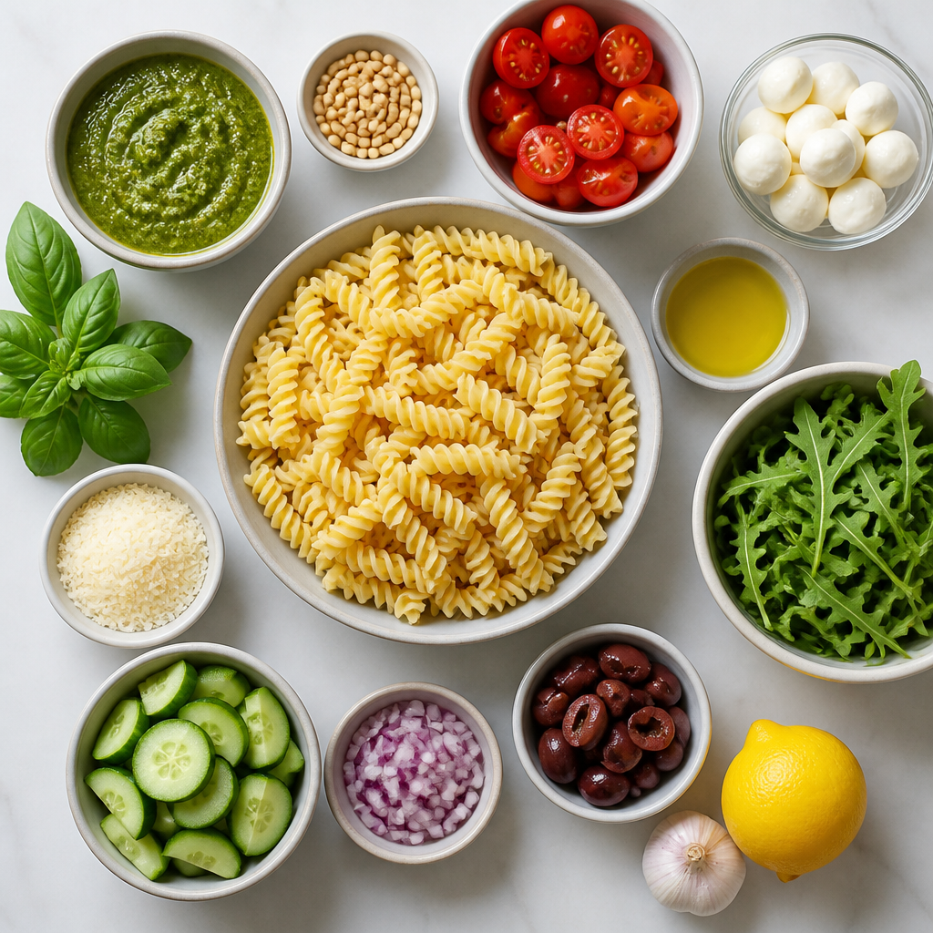 Overhead flat-lay of all ingredients for Chilled Pasta Salad With Pesto laid out on a kitchen surface.