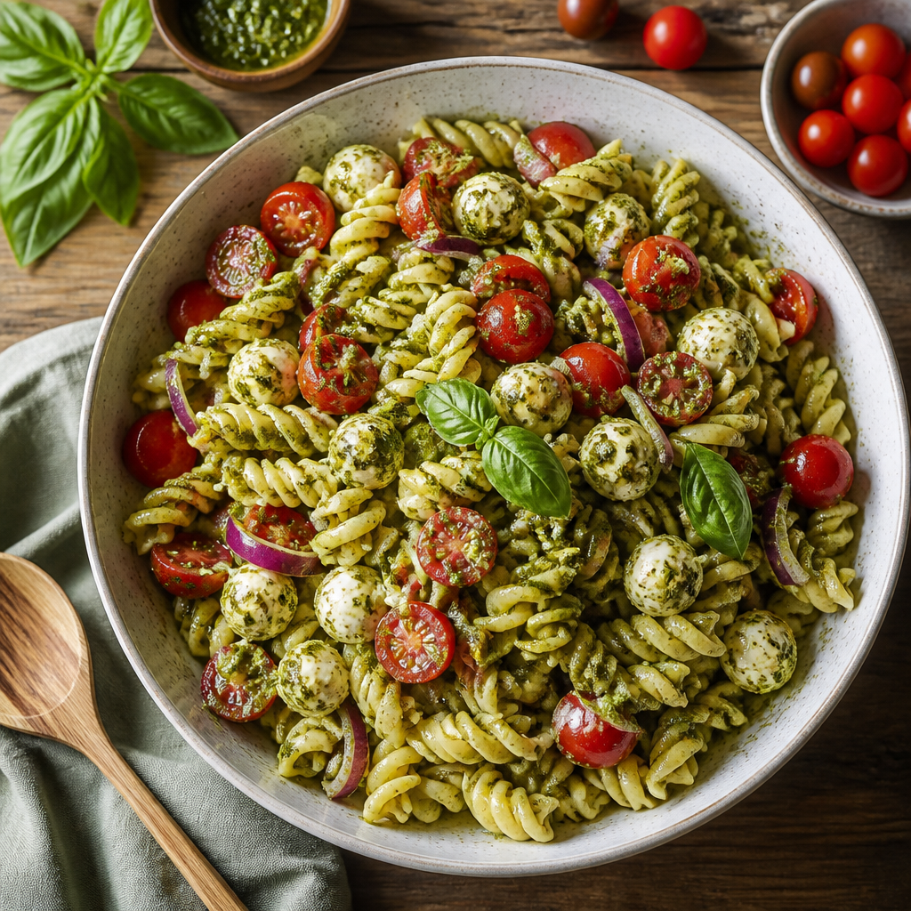 Chilled Pasta Salad With Pesto — Italian-American Lunch served and photographed from above